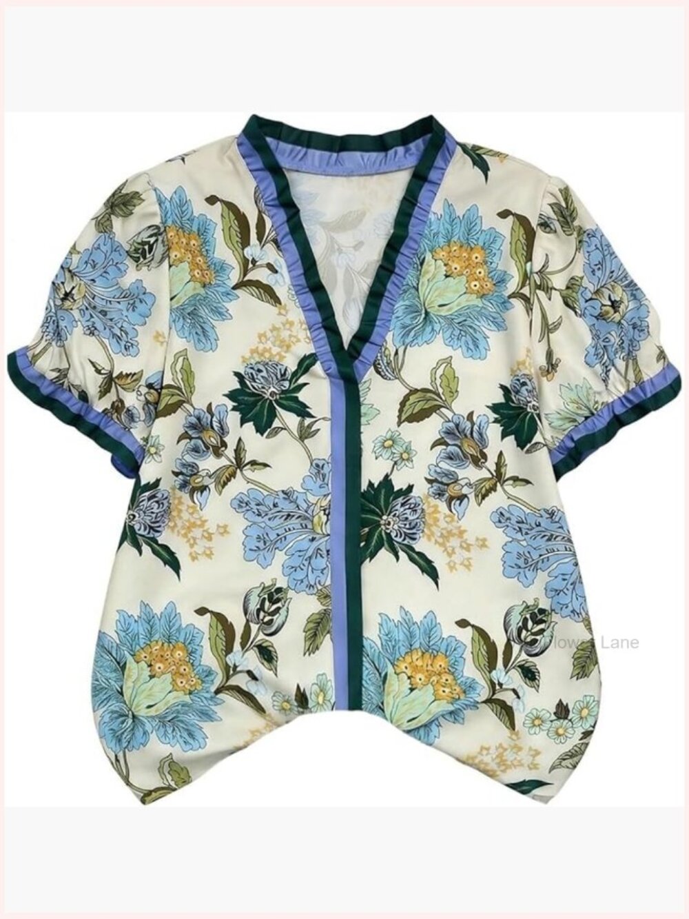Boho Floral Print V Neck Blouse Short Sleeve Ruffle Trim Top